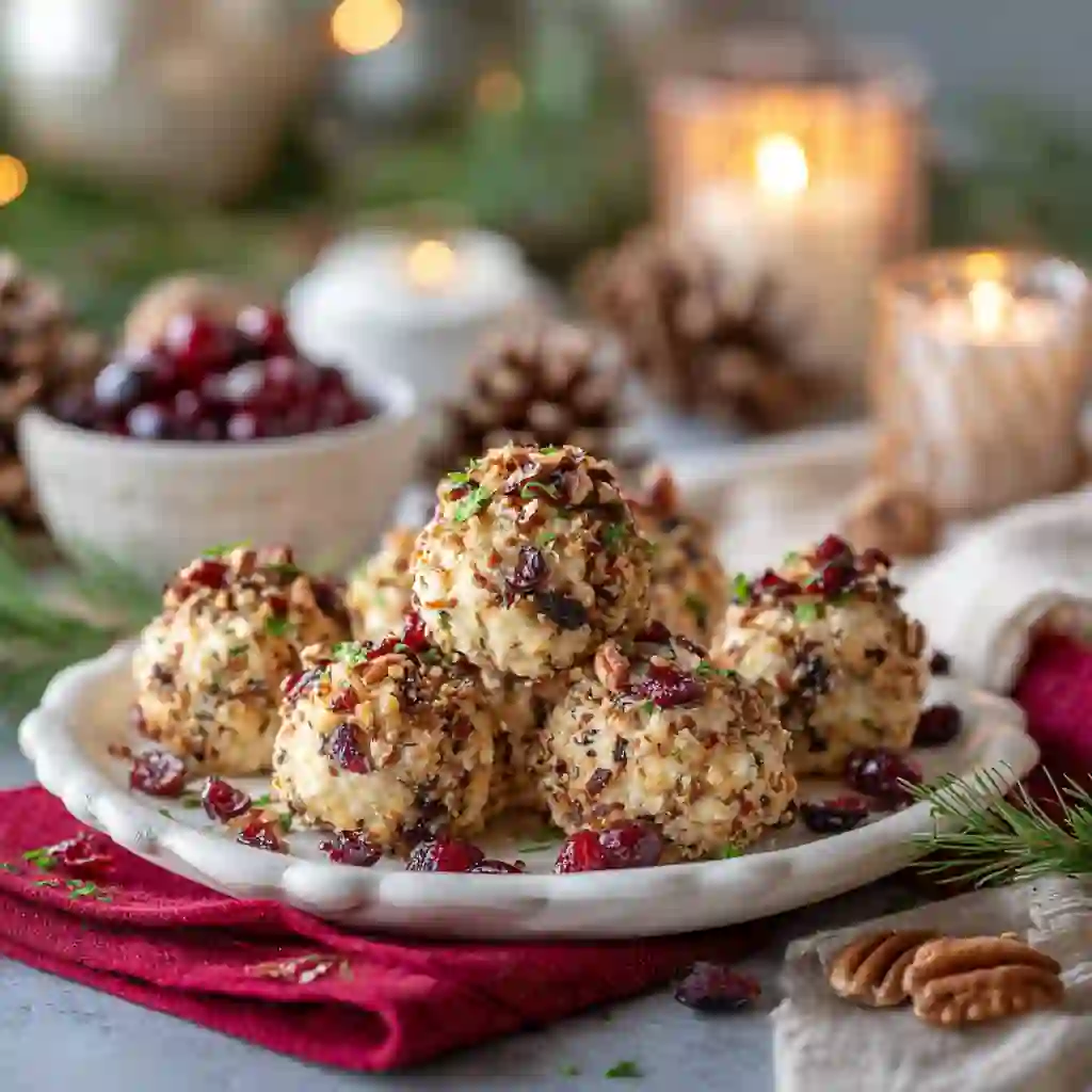 Homemade cranberry pecan cheese ball bites served as festive holiday appetizers