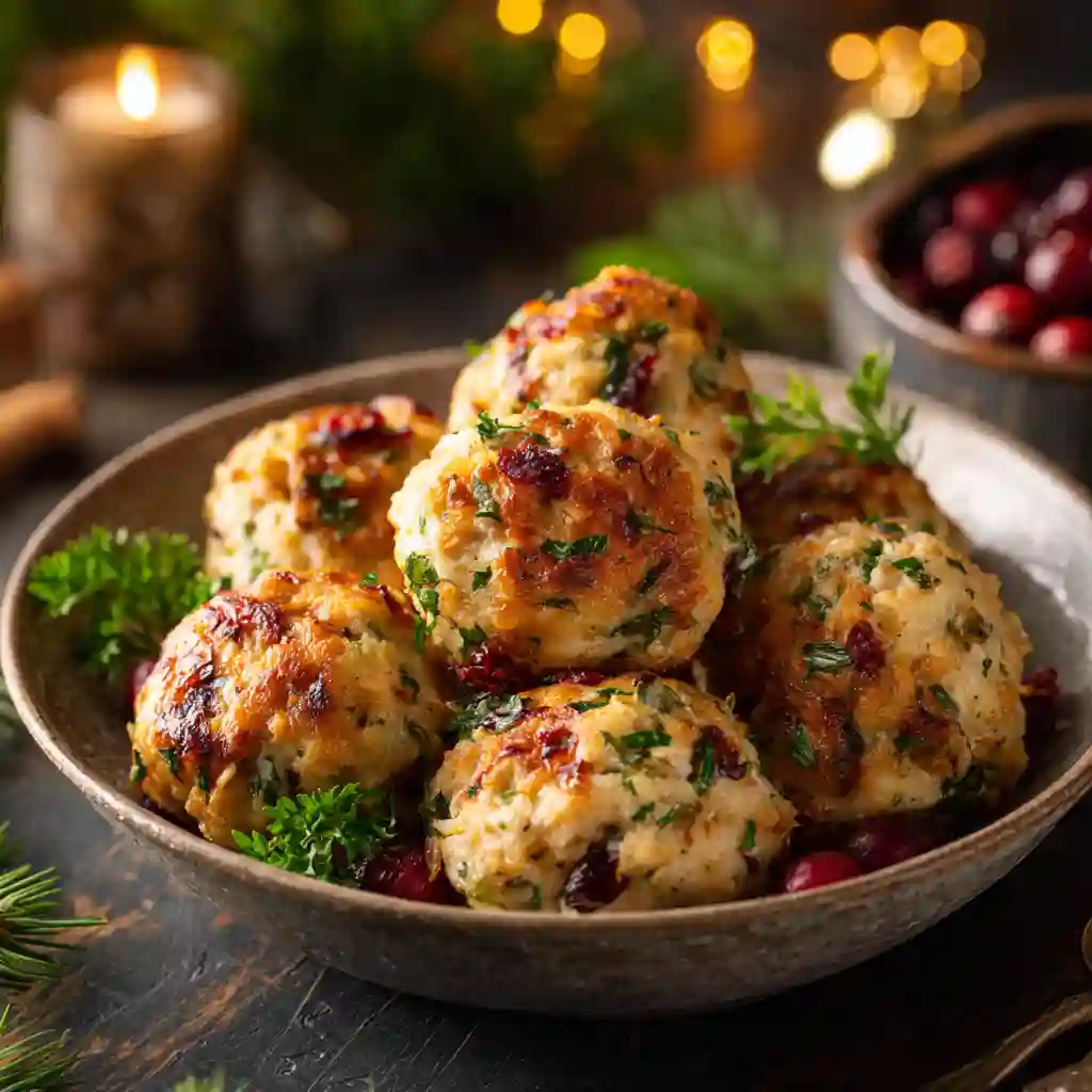 Cranberry & Turkey Stuffing Balls That Steal the Show 1 Cranberry & Turkey Stuffing Balls served as a festive Christmas side dish