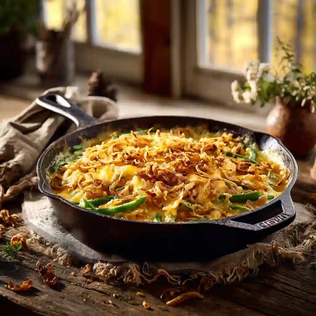 Creamy green bean casserole with sharp cheddar and crispy onions