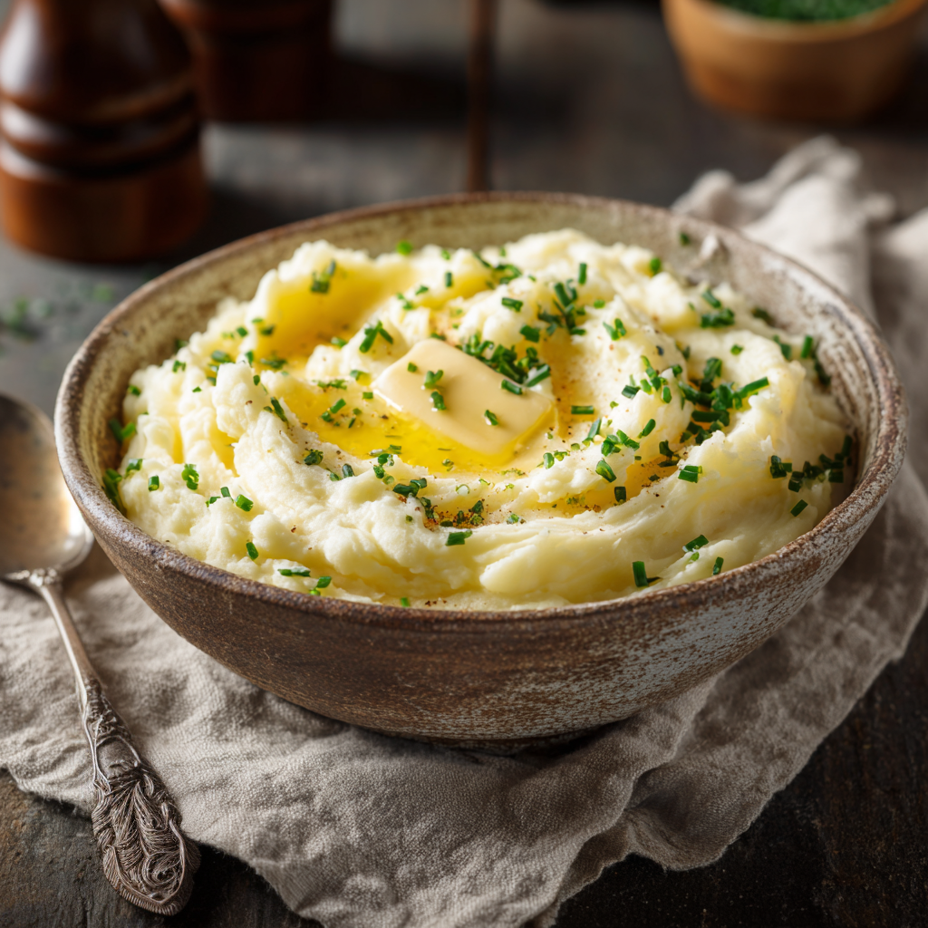 Creamy mashed potatoes with chives in a bowl with melting butter