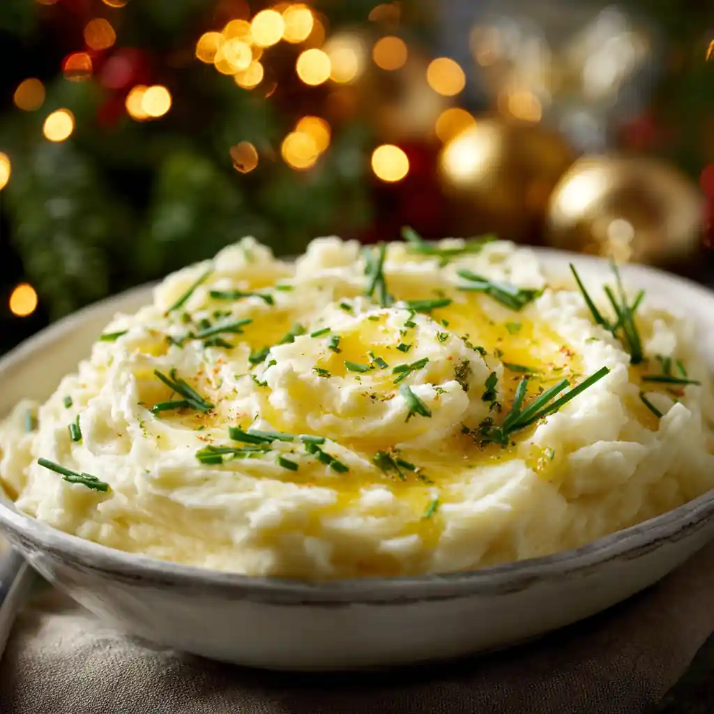 Creamy mashed potatoes with chives served in a white bowl
