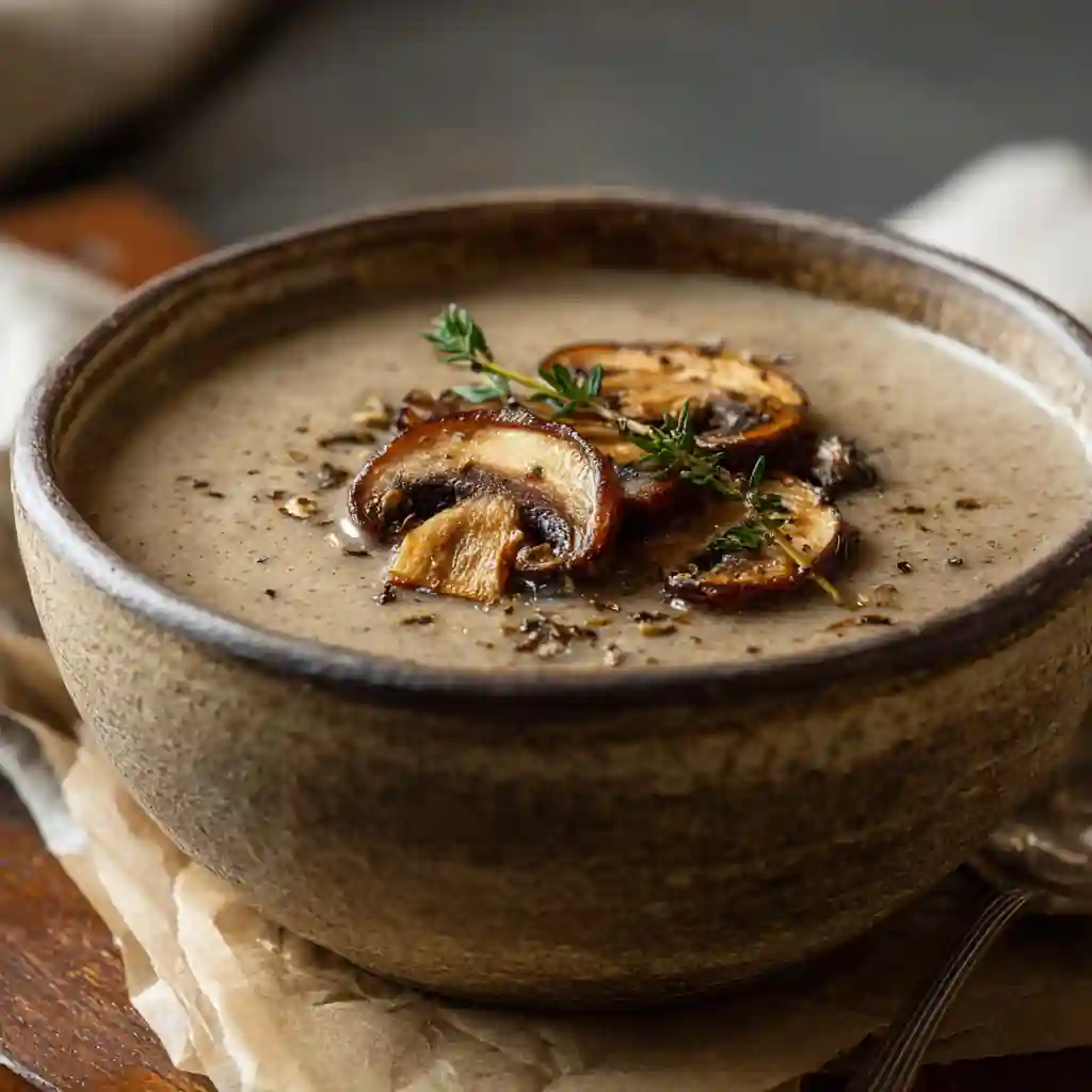 Creamy mushroom soup in rustic bowl with sautéed mushroom topping