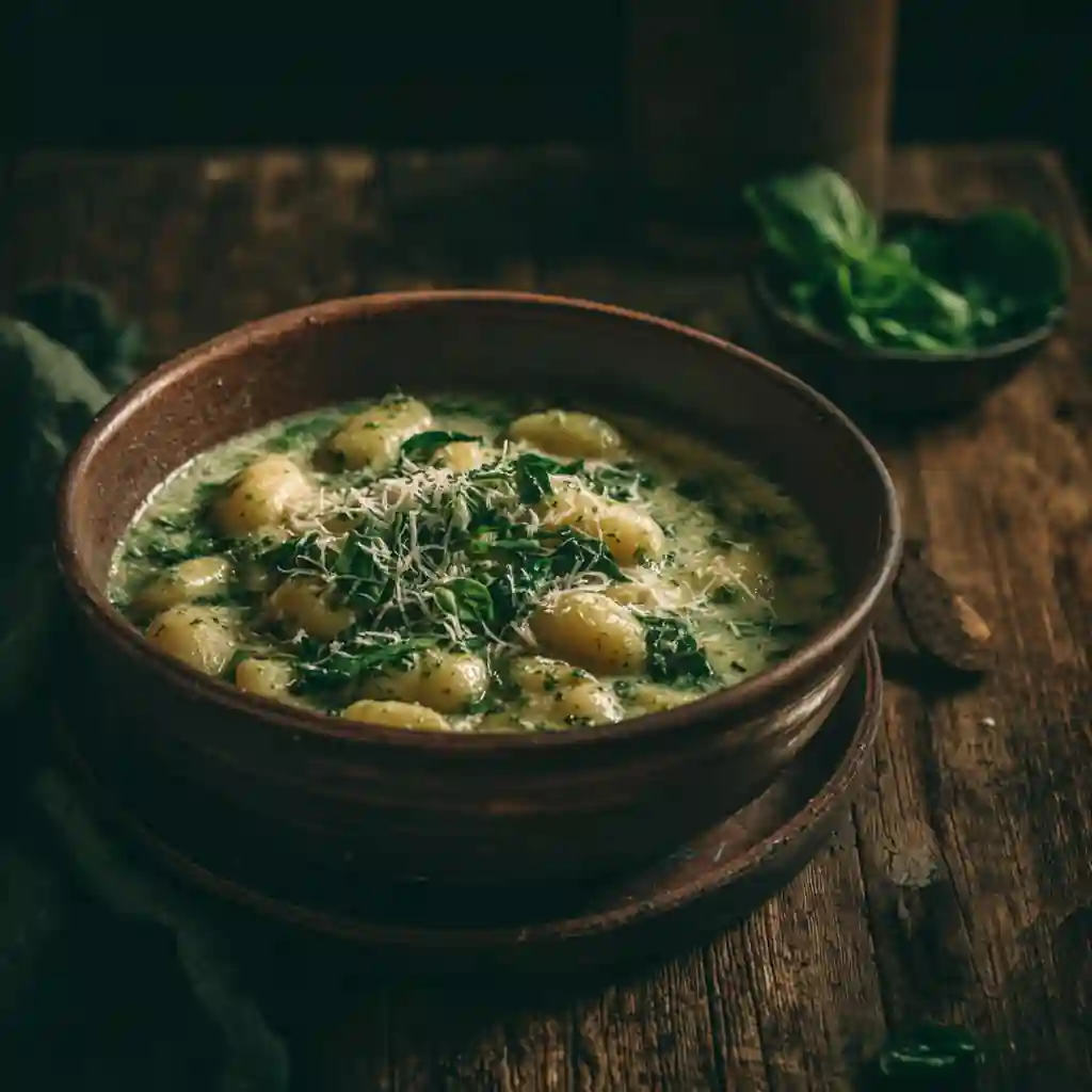 Creamy pesto gnocchi soup in a rustic bowl with fresh basil