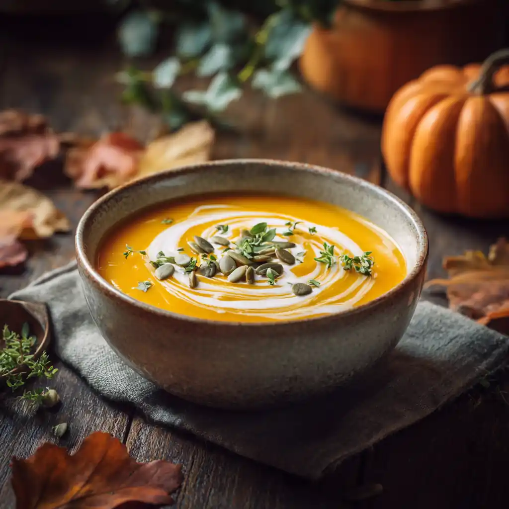 Creamy Crockpot Butternut Squash Soup in a rustic fall setting