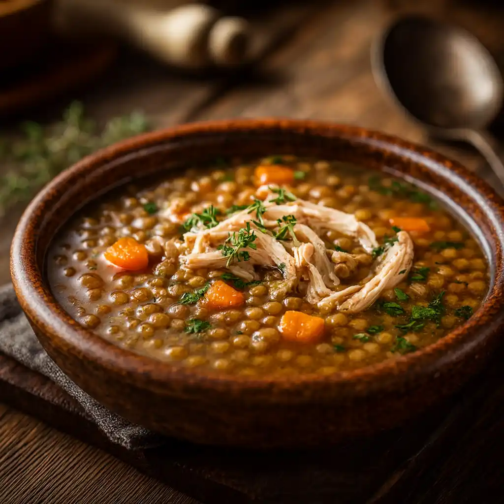 Hearty crockpot chicken and lentil soup in bowl