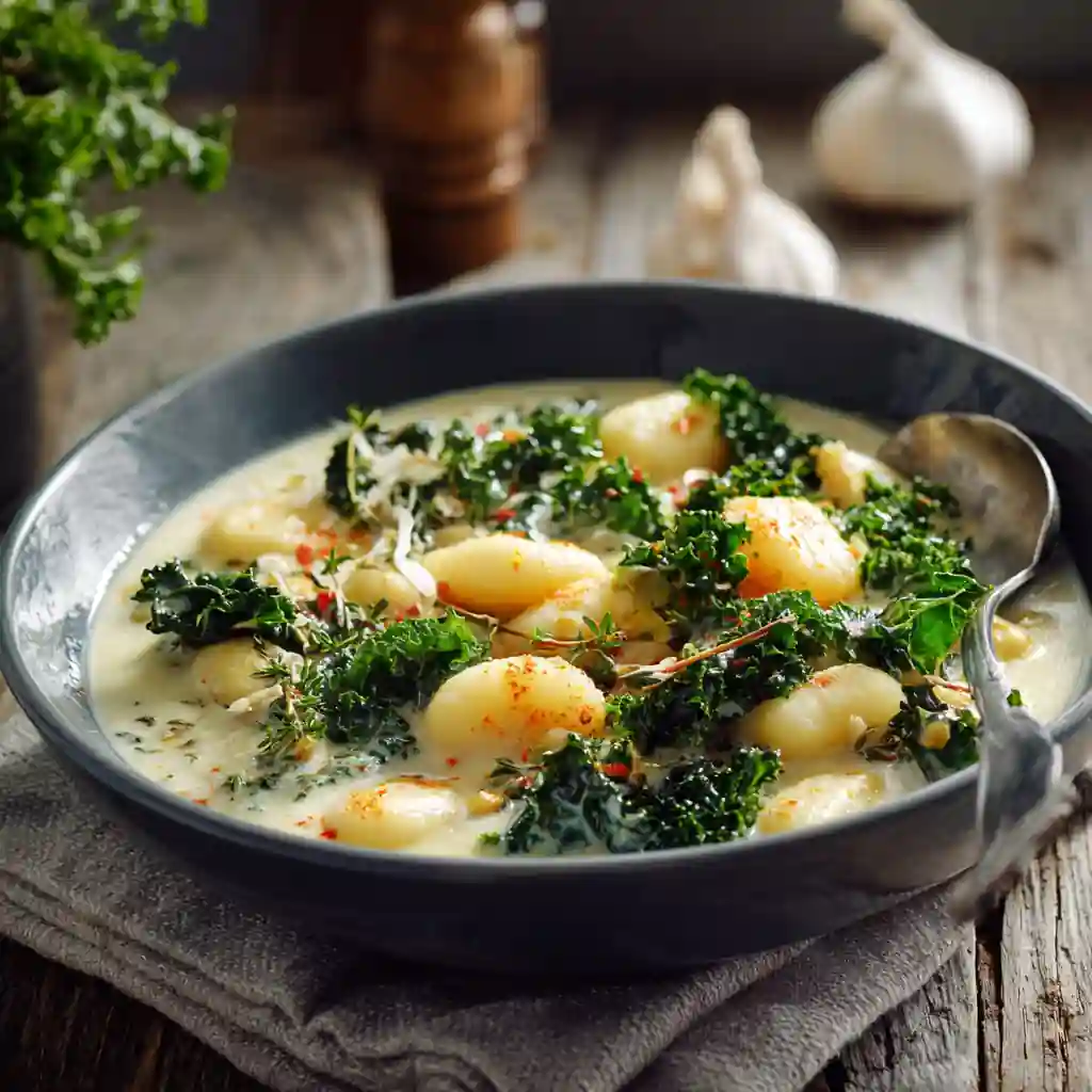 Crockpot gnocchi soup with kale and garlic in a rustic bowl