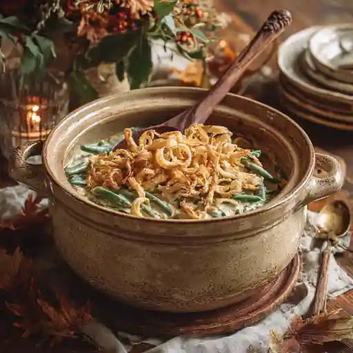 Crockpot Southern Green Bean Casserole with crispy onion topping