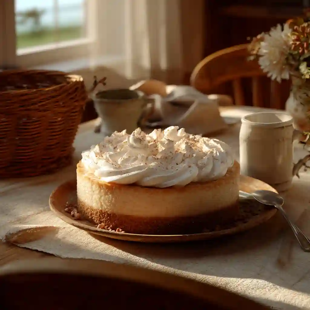 Close-up of Smooth Eggnog Cheesecake topped with whipped cream and nutmeg.