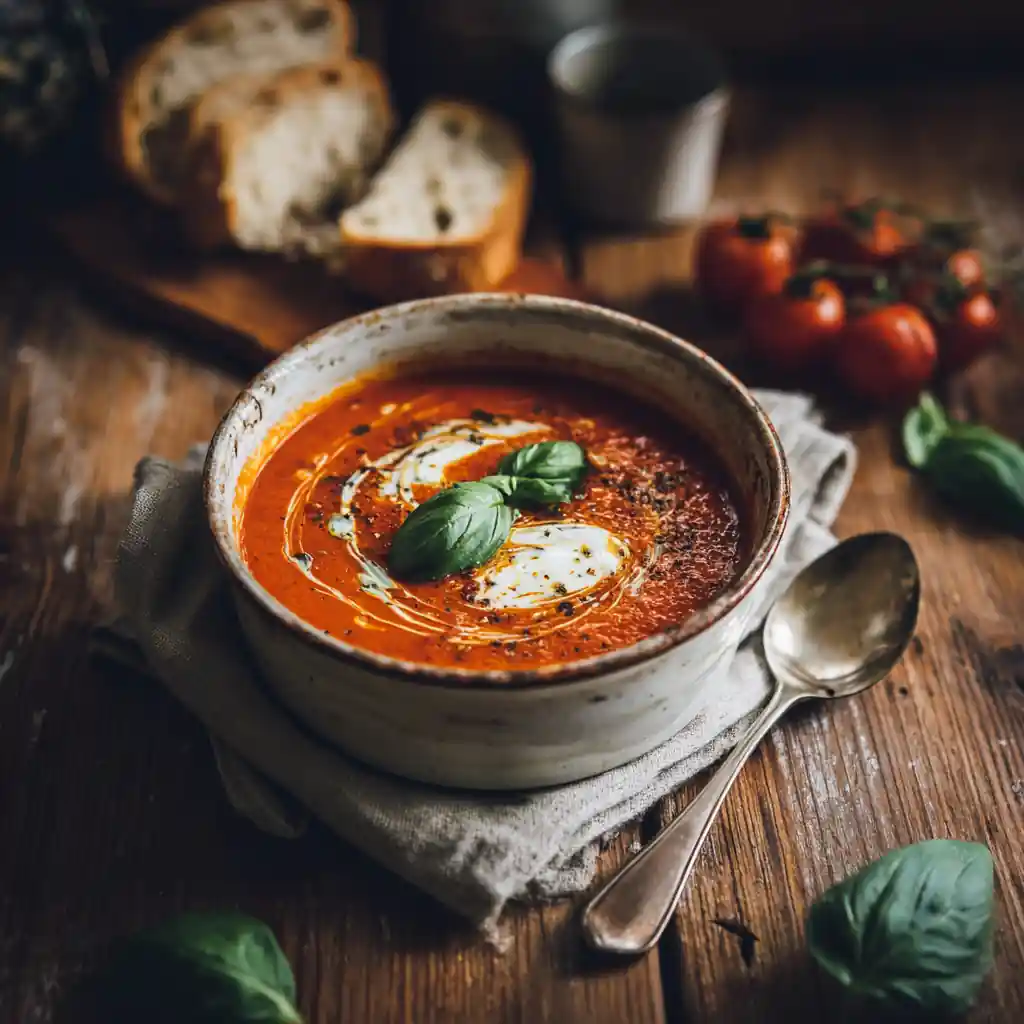 Fire-roasted tomato and red pepper soup in a ceramic bowl