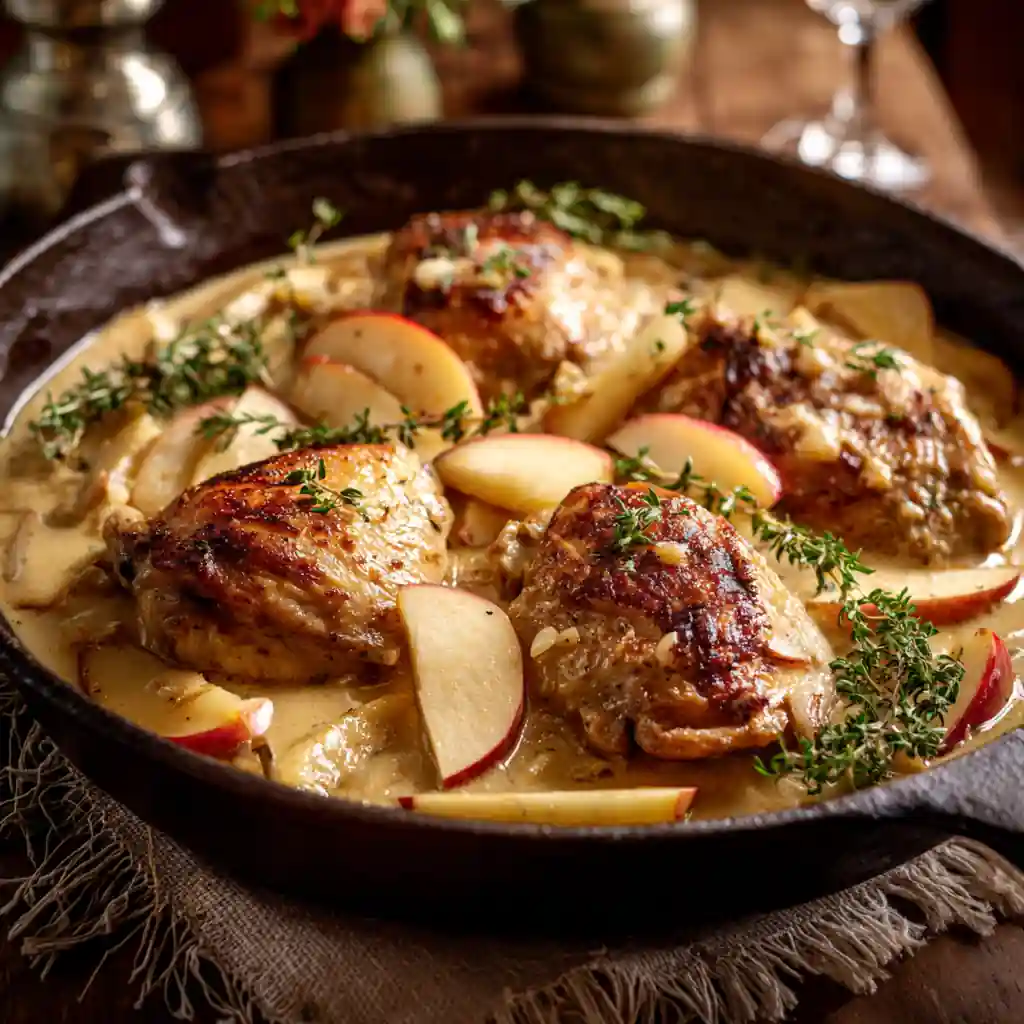 French Apple Cider Chicken with apples and creamy sauce in skillet