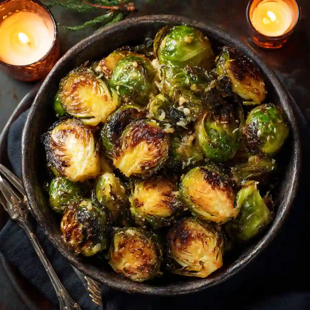 Garlic butter roasted Brussels sprouts on a rustic holiday plate