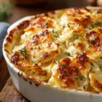Garlic Parmesan Scalloped Potatoes with golden cheese and thyme