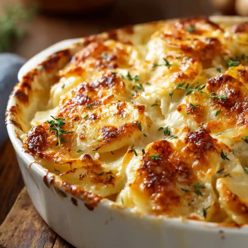 Garlic Parmesan Scalloped Potatoes with golden cheese and thyme