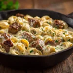 Garlic Steak Tortellini Skillet with creamy garlic sauce and parsley