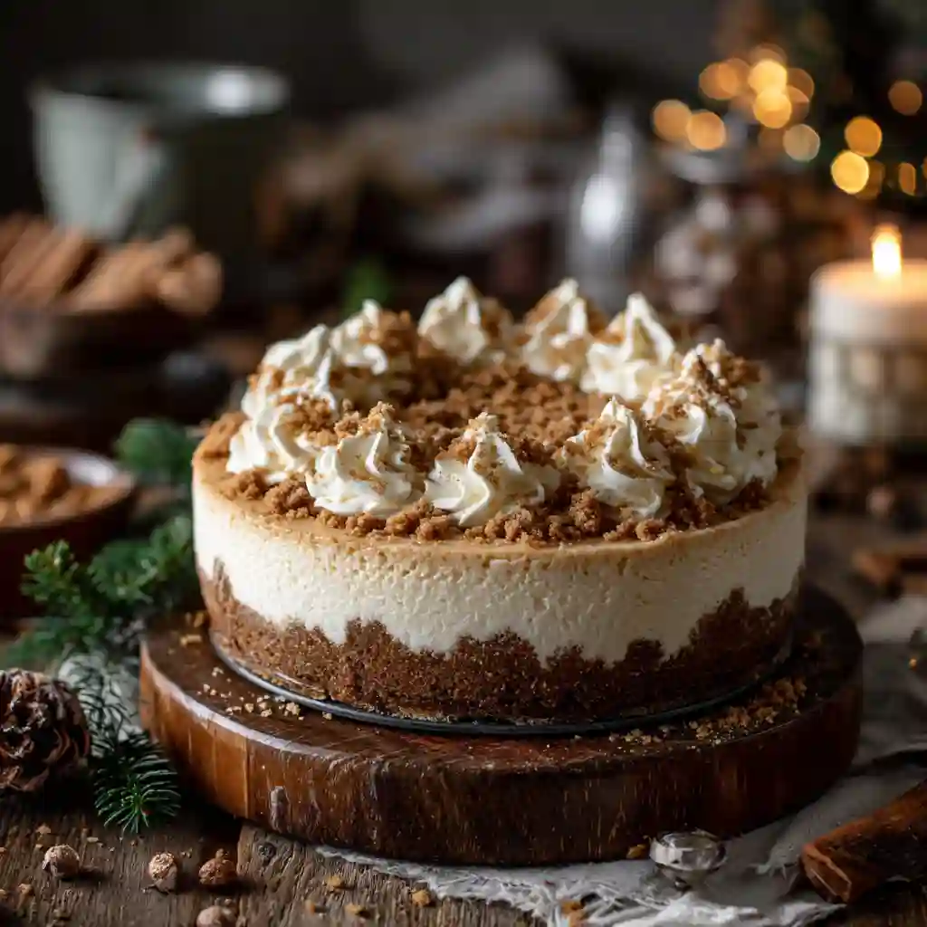 No-Bake Gingerbread Cheesecake for Easy Holiday Comfort 1 Full No-Bake Gingerbread Cheesecake topped with whipped cream and gingersnap crumbs.