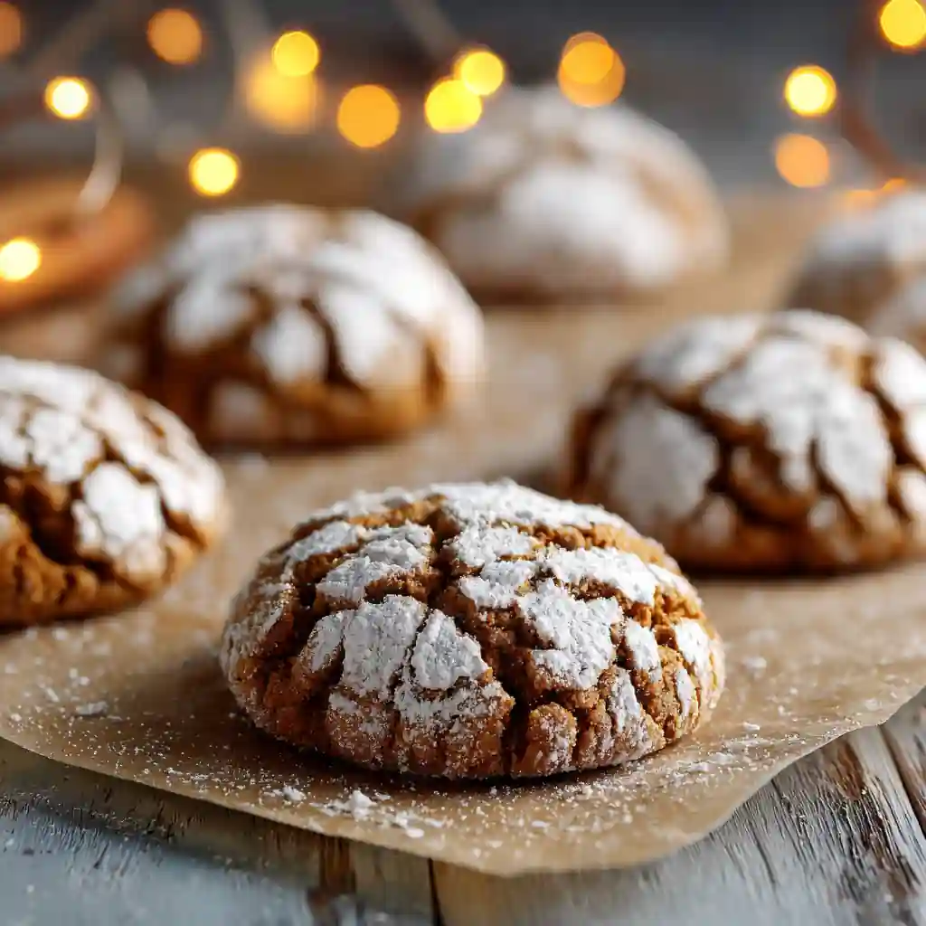 Gingerbread crinkle cookies covered in powdered sugar on parchment