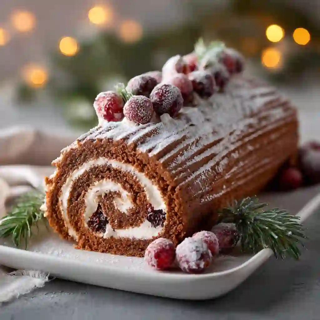 Tasty Ginger Bread Yule Log Cake - The Coziest Christmas Centerpiece 1 Gingerbread Yule Log Cake sliced and dusted with powdered sugar on a holiday table