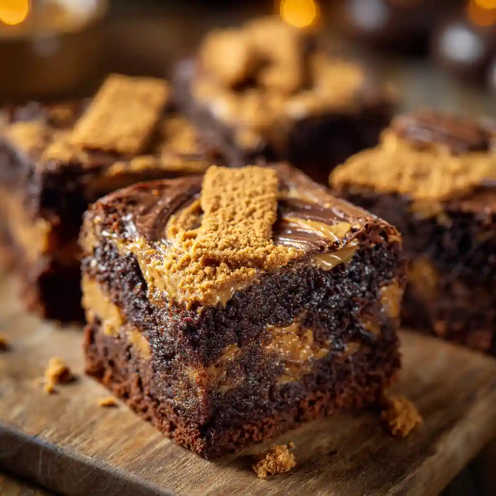 Gooey Biscoff Brownies with melted Biscoff swirls and crushed cookies
