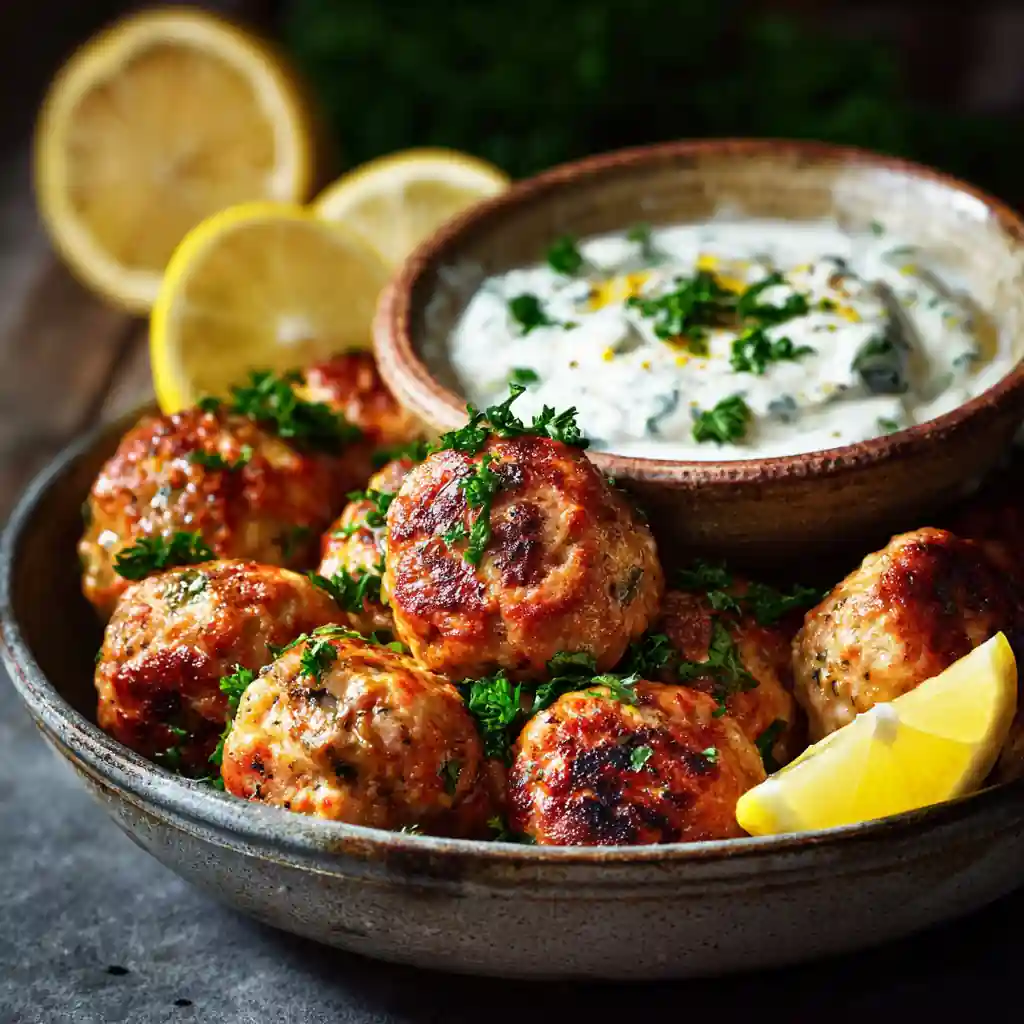 Golden Greek Chicken Meatballs served with creamy tzatziki sauce and lemon slices