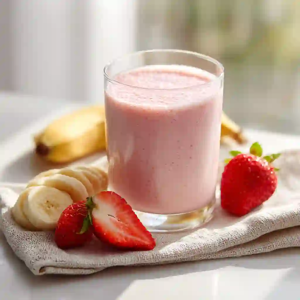 Greek Yogurt Strawberry Smoothie served in a glass with fresh fruit