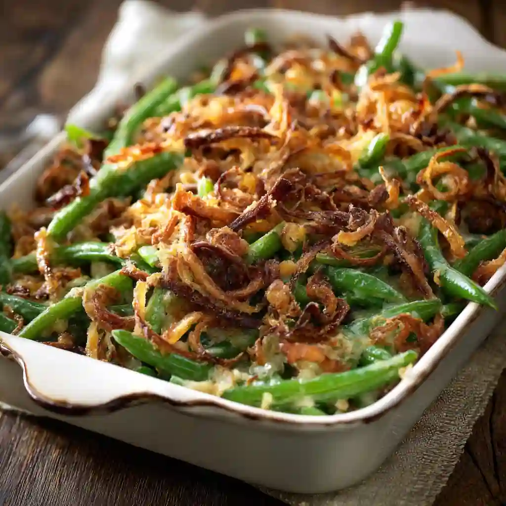 Green Bean Casserole with Crispy Onions in a baking dish