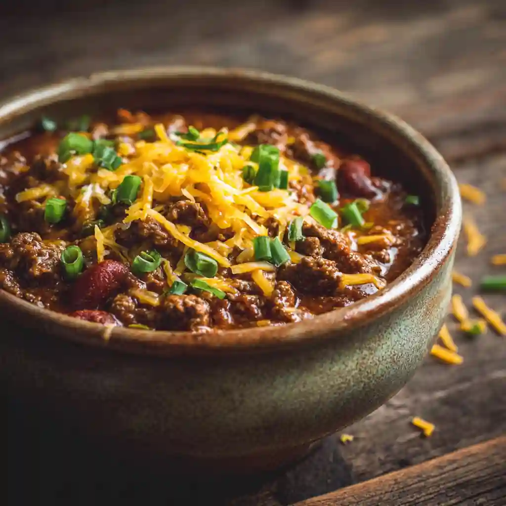 Ground beef stovetop chili with beans and cheese in a bowl