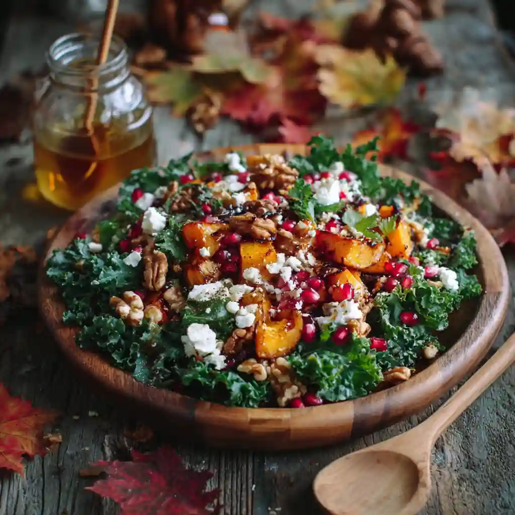 Autumn Harvest Salad with Pomegranates, squash, feta, and kale