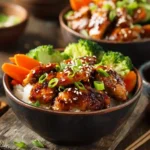 Healthy Sticky Chicken Bowls with honey soy glaze and vegetables