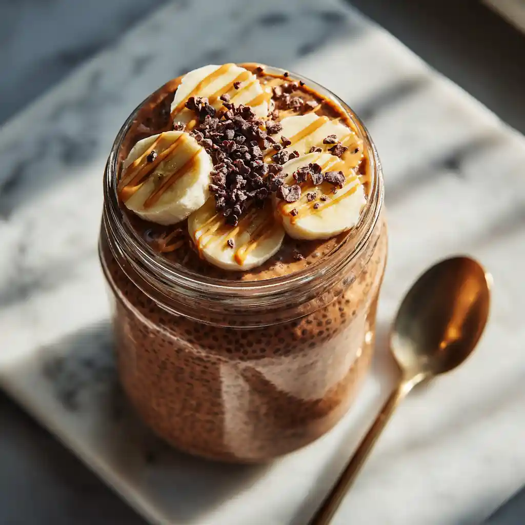 High-Protein Chocolate Peanut Butter Chia Seed Pudding in a jar topped with bananas