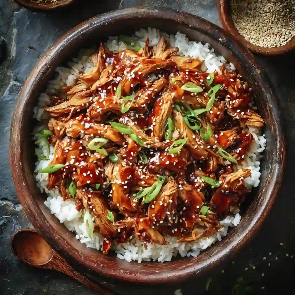 High-protein crockpot teriyaki chicken with sesame and scallions