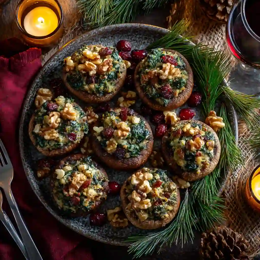 Spinach, Cranberry and Walnut Stuffed Mushrooms for Christmas