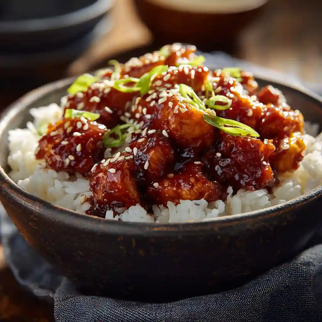 Honey BBQ Chicken Rice bowl with sesame seeds and green onions