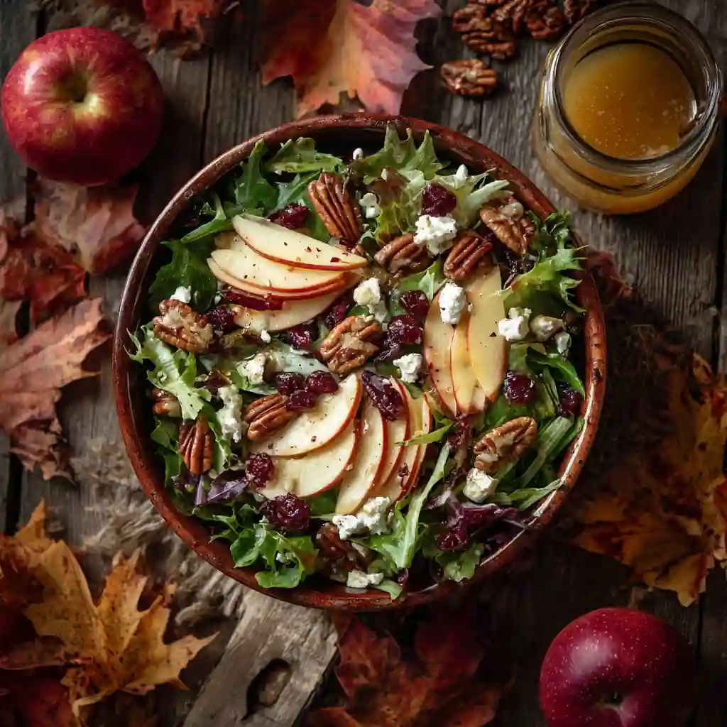 Autumn Harvest Honeycrisp Apple and Feta Salad in a ceramic bowl with fall leaves