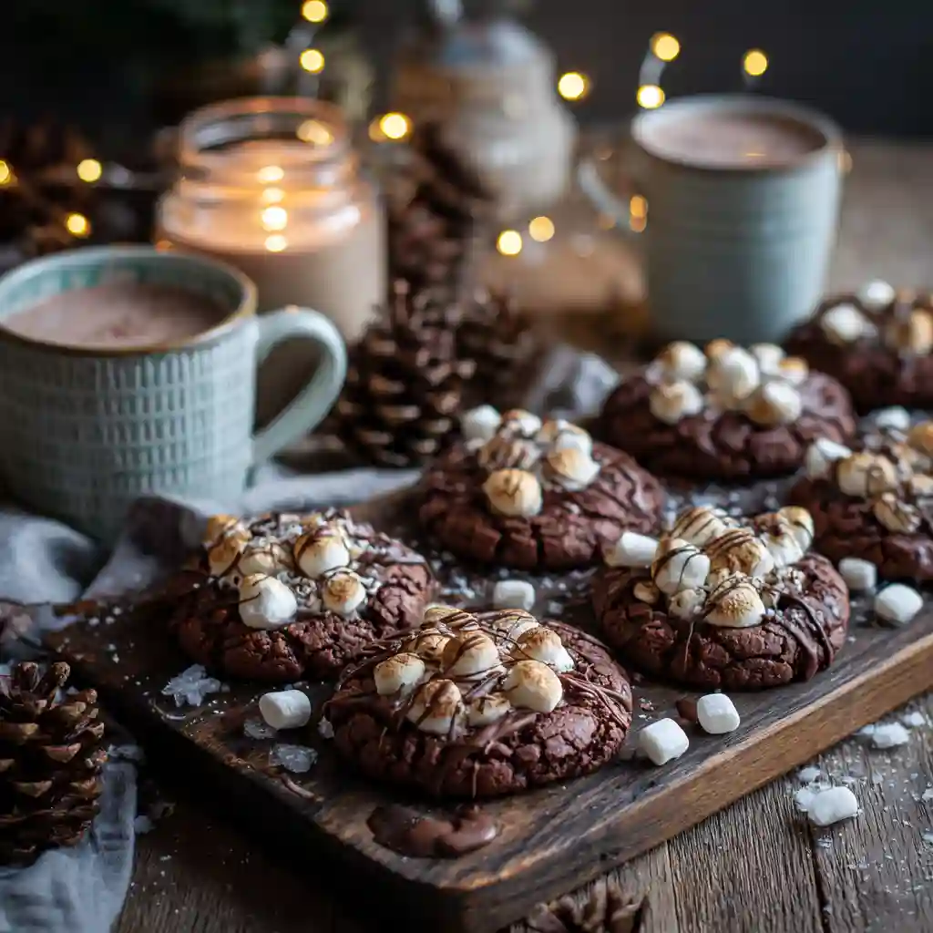 Hot Chocolate Cookies topped with marshmallow on a rustic holiday tray