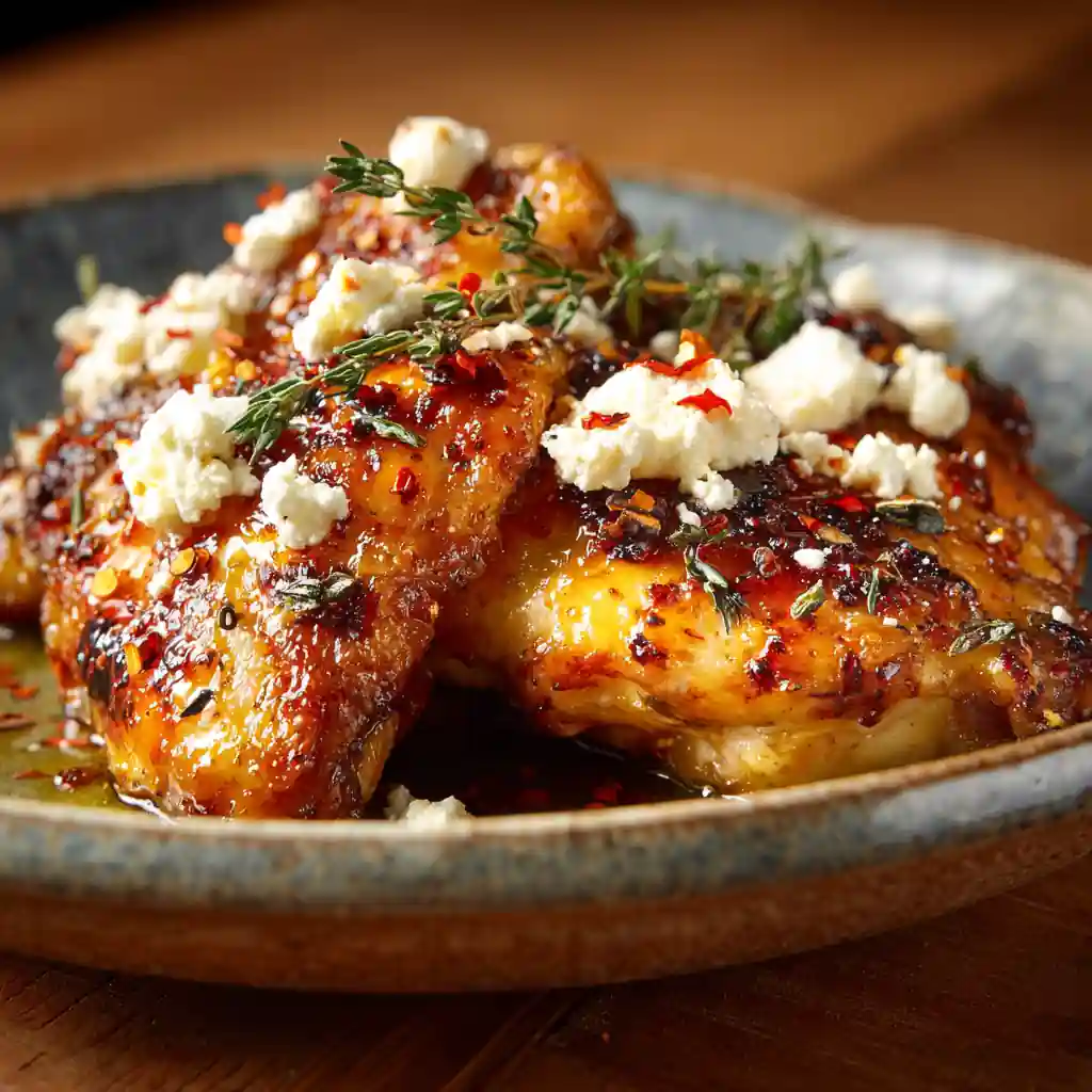 Close-up of Hot Honey Feta Chicken glazed with spicy honey and feta cheese