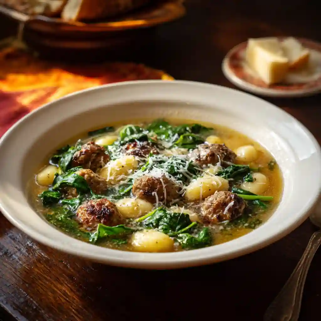 Italian wedding soup with gnocchi and meatballs in a rustic bowl