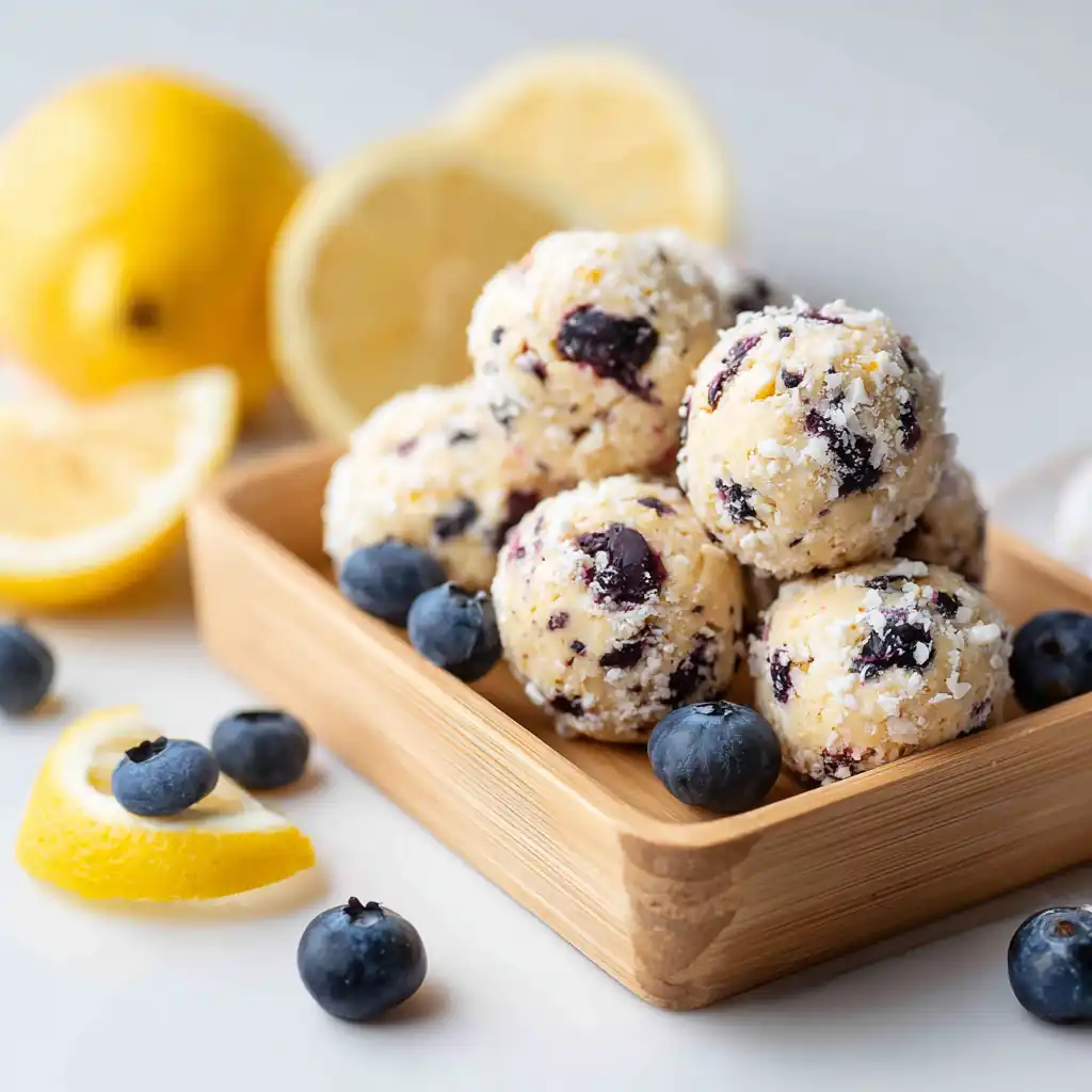 Lemon Blueberry Cottage Cheese Protein Bites rolled in coconut on a tray