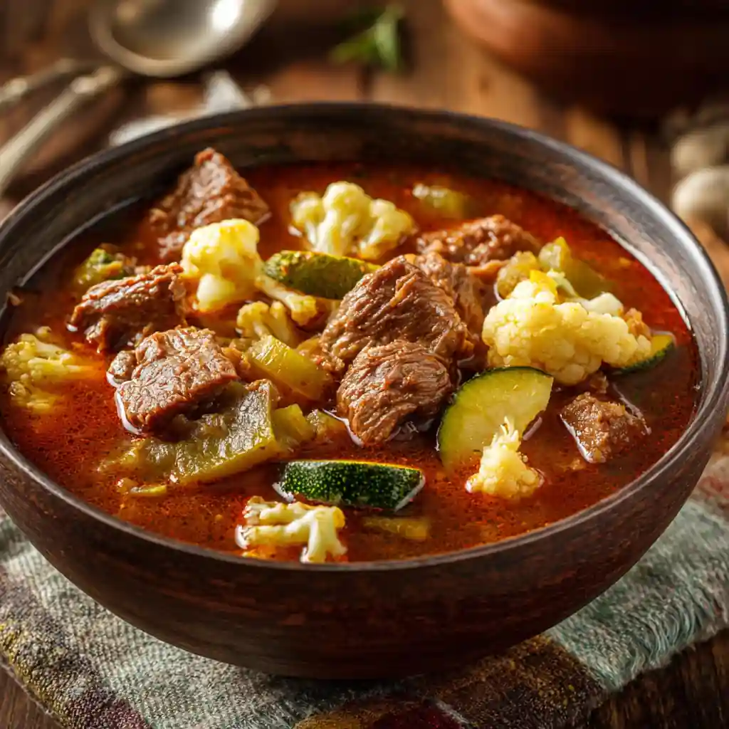 Low-carb beef stew with vegetables in a rustic bowl