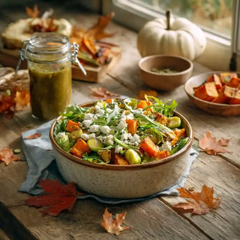 Autumn Maple Roasted Veggie Salad with sweet potatoes, Brussels sprouts, and goat cheese