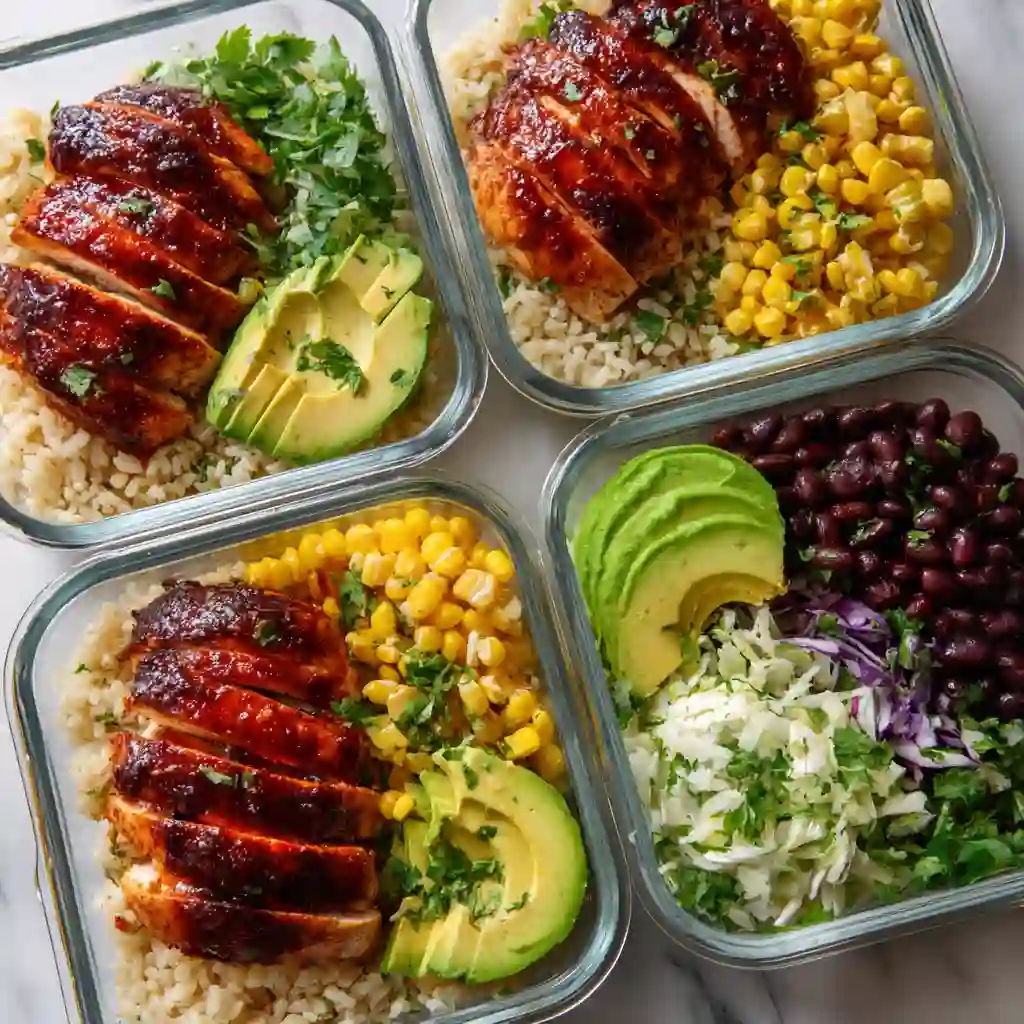 Meal prep BBQ chicken bowls with rice, beans, and slaw