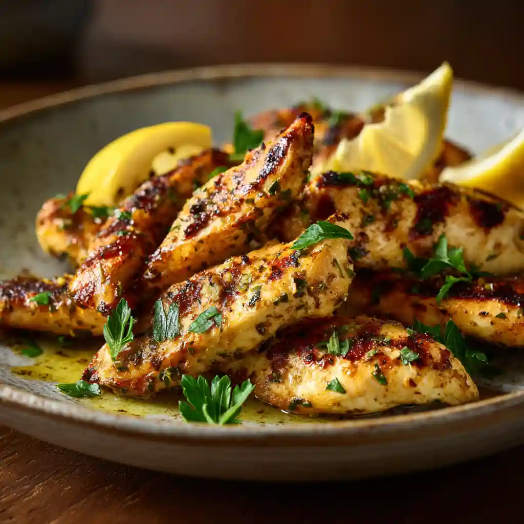 Juicy Mediterranean Chicken Tenders served with lemon and parsley