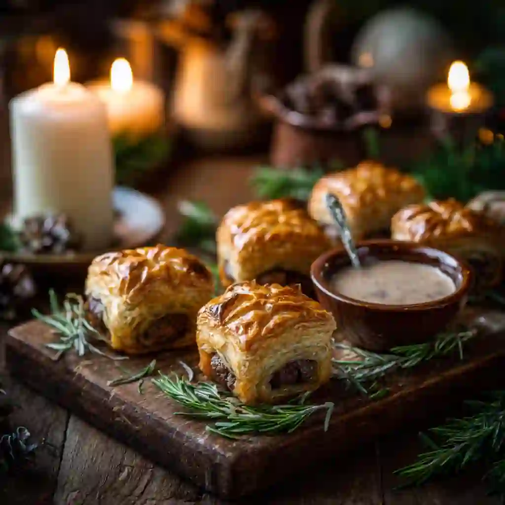 Mini Beef Wellington Bites with golden puff pastry served as holiday appetizer