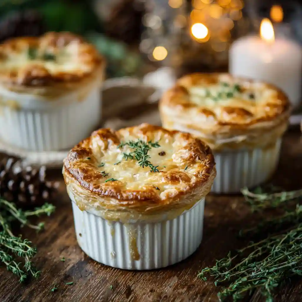 Mini Mushroom & Gruyère Pot Pies with Thyme served in white ramekins on a holiday table