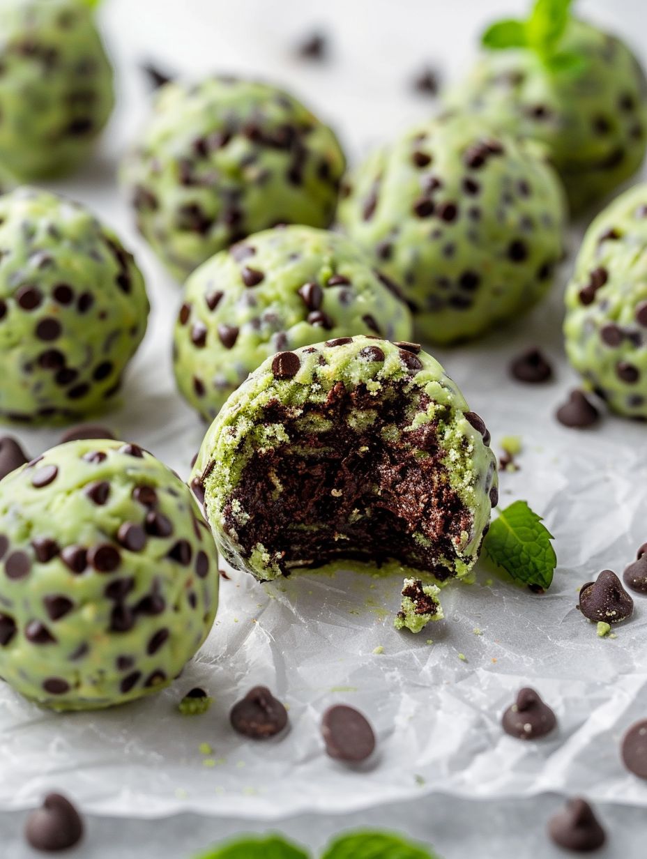 No-bake Mint Chocolate Chip Protein Balls made with chocolate chips and fresh mint
