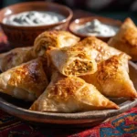 Moroccan Spiced Chicken Briouats with yogurt dip on rustic plate
