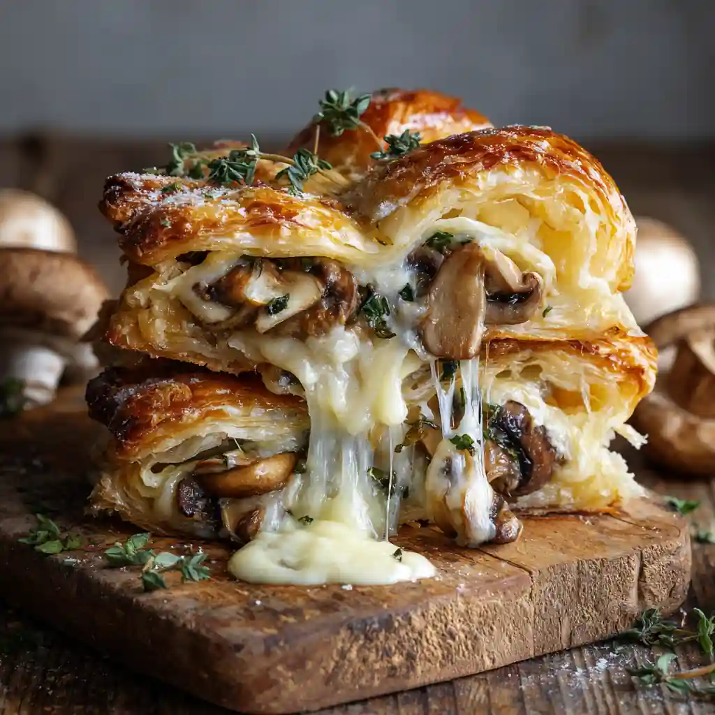 Mushroom & Gruyère Puff Pastry Braid with golden flaky crust and savory filling