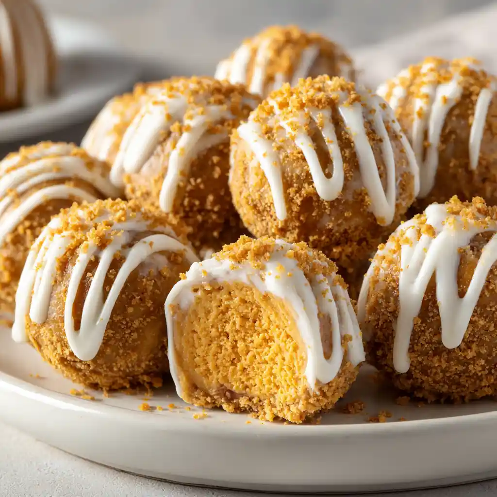 No bake pumpkin cheesecake balls rolled in graham cracker crumbs