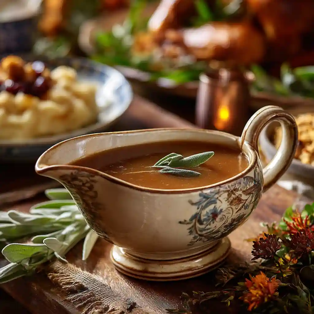 Old-Fashioned Sage Gravy in vintage gravy boat with herbs
