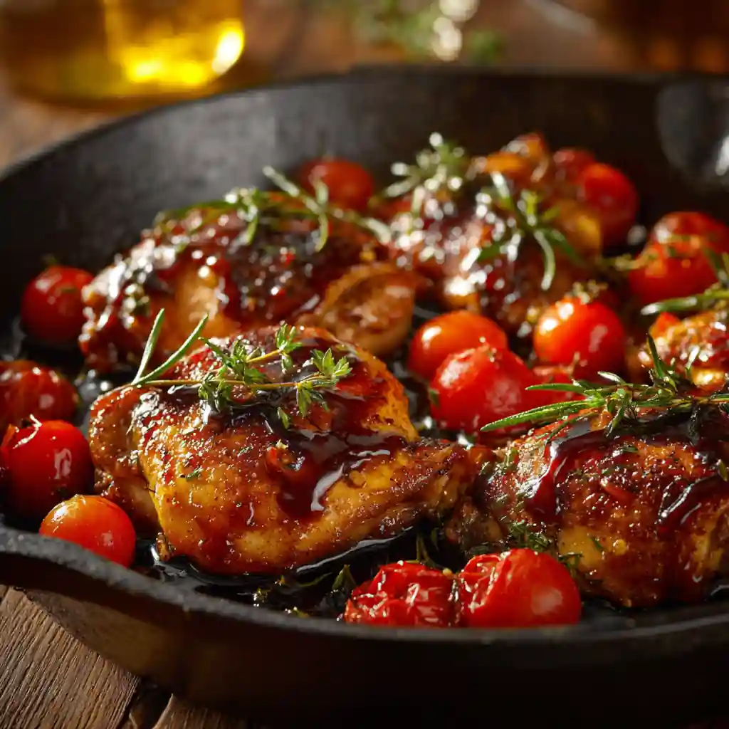 One Pan Balsamic Chicken with cherry tomatoes and herbs