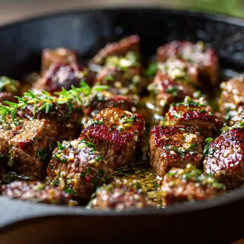 One-Pan Cajun Butter Steak Bites sizzling in cast iron skillet with herbs